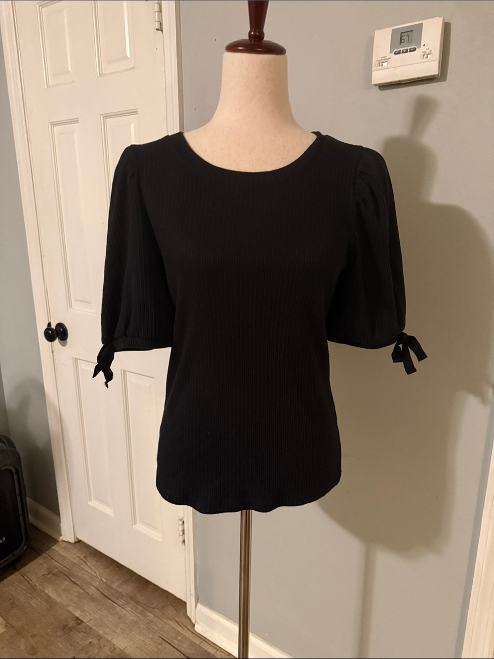 LOFT Black Puff Sleeve Tie-Cuff Top
